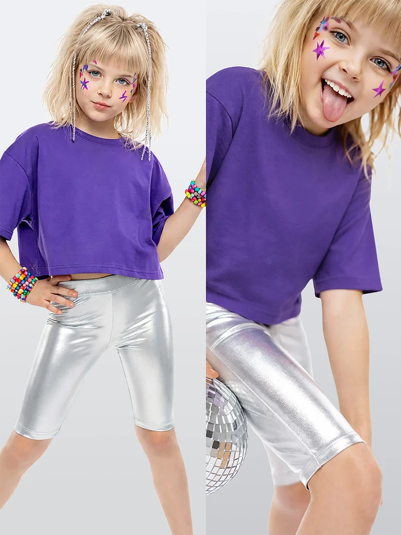 دينوكيدس بنطلون ضيق بناتي فوق الركبة فضي رمادي لامع